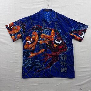 Y2K VTG Big Brother Spider-Man Carnage Shirt Large Blue Marvel Graphic Button Up